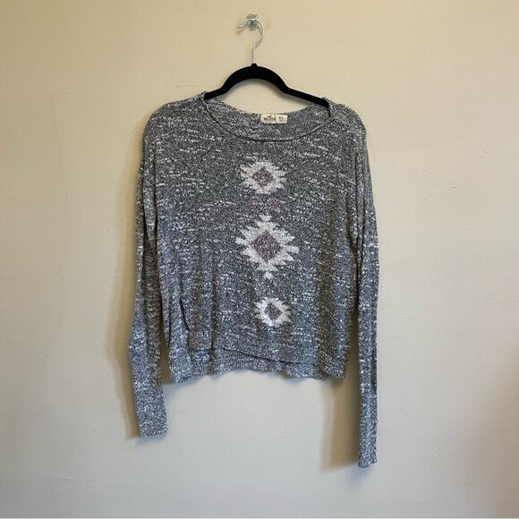 Hollister M/L bohemian Aztec long sleeve top knit gray white casual cozy - Picture 1 of 7